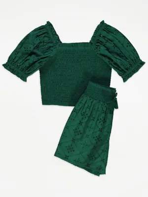 Green Broderie Puff Sleeve Top and Shorts Set | Kids | George at ASDA