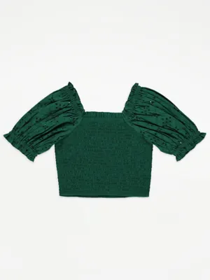 Green Broderie Puff Sleeve Top and Shorts Set | Kids | George at ASDA
